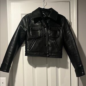 Mango Black faux leather Jacket black woman’s medium cropped